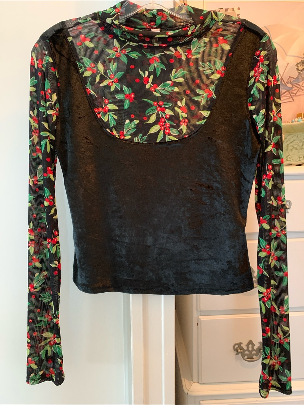 Free People Long Sleeve Velvet & Mesh Cherry/Green/Black Print Waist Length Top